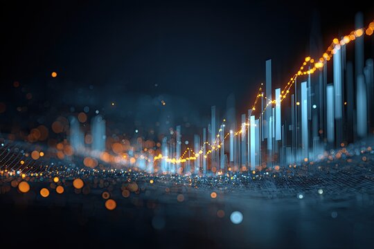 Futuristic glowing abstract, featuring rising bar graphs with an animated data line - Powered by Adobe