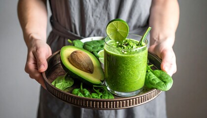 Person holding silver tray of green smoothie, spinach, avocado, and lime against a grey apron background