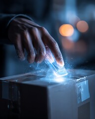 Hand interacting with glowing smart technology securing a delivery package digital logistics system