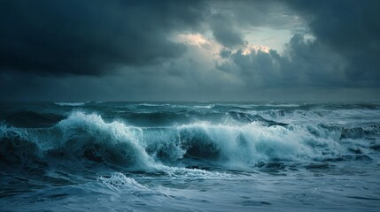 Naklejka premium Dramatic ocean waves crash under stormy skies with a hint of light breaking through the clouds