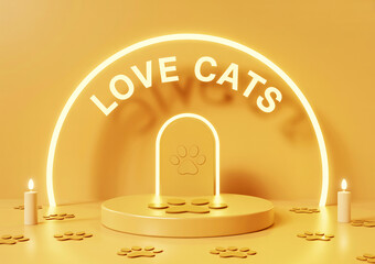 A glowing neon sign that says love cats arches over a minimalist podium, creating a warm and inviting atmosphere with confetti scattered around