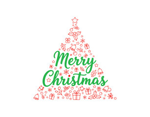 A holly jolly happy Xmas wish quote with illustrations forming a tree shape for posters, holiday greeting cards, and more.