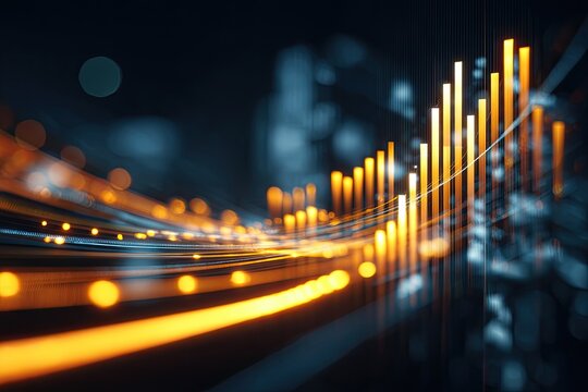 Futuristic digital illustration depicts financial growth and data analysis trends