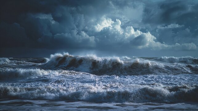 Powerful ocean waves crash dramatically under a stormy, moody sky creating a sense of raw, untamed nature and turbulent energy. - Powered by Adobe