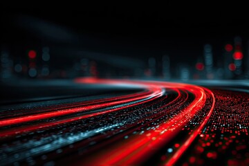 Abstract view with vibrant streaks of red light trails curving across a dark backdrop