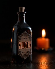 Moody Vintage Halloween Potion Bottle with Cork and Spooky Candle Light