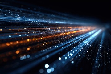 Abstract rendering of light rays and particles, with orange and blue hues against a dark background