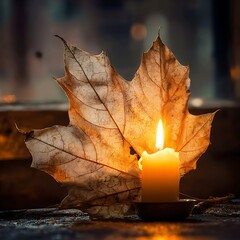 Intimate Warmth of Candle Flame and Glowing Dried Autumn Leaf