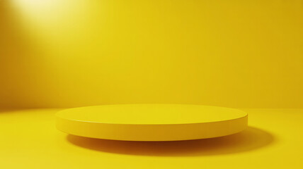 A bright yellow podium or stage sits on a yellow surface with a spotlight shining from the upper left corner, creating a dramatic effect