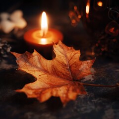 Autumn Maple Leaf and Burning Candle in Warm Dark Atmosphere