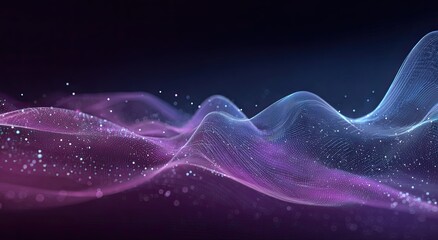 Abstract digital flowing lines in shades of purple and blue, suggesting data visualization