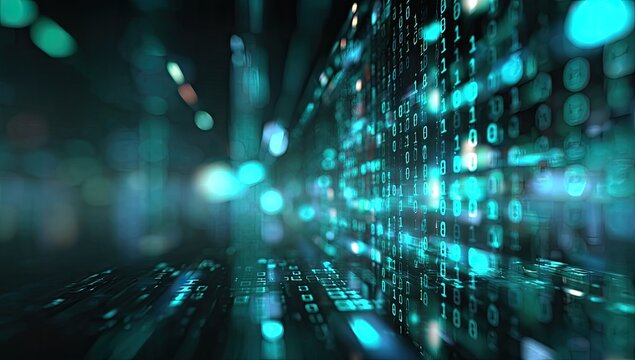 A futuristic, blurred cityscape with a focus on binary code, rendered in cyan and teal hues - Powered by Adobe