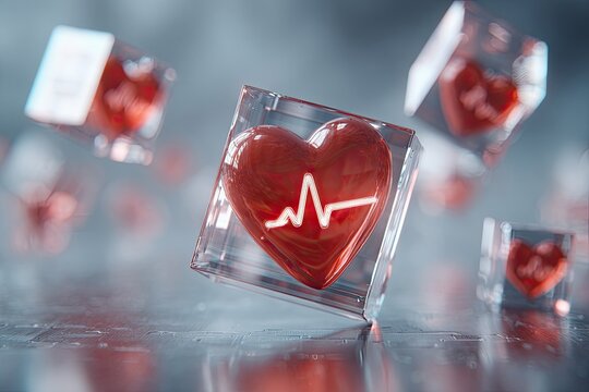 Conceptual graphic features translucent cubes holding red hearts with electrocardiogram lines, blurred background - Powered by Adobe