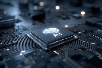 Close-up of a computer chip with an illuminated brain-shaped icon, representing AI tech