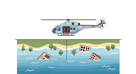 Dynamic vector illustration depicting a helicopter's swift response during a flood crisis, delivering essential aid and conducting emergency rescue operations for affected communities