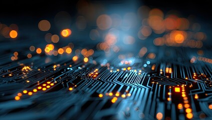 Close-up of a circuit board with glowing orange lights, blurred background, dark tones