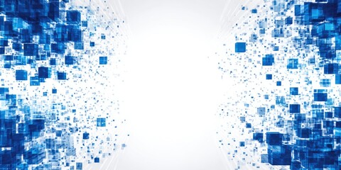 Abstract composition featuring blue cubes and points on a white background, with central open space