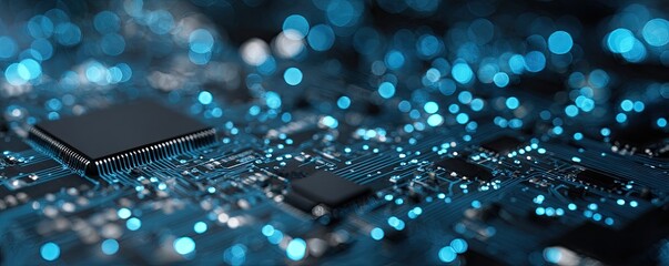A close-up shot of a circuit board, featuring chips and glowing blue light bokeh effects