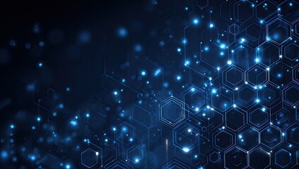 Abstract digital illustration of interconnected blue hexagonal structures emitting radiant light