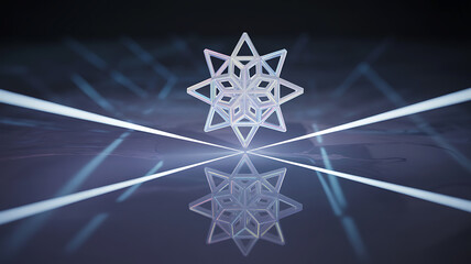 Abstract geometric starburst pattern with laser beams and reflection in dark futuristic setting