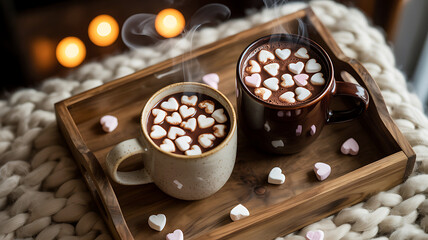 Cozy hot chocolate with heart shaped marshmallows on wooden tray warm evening ambiance