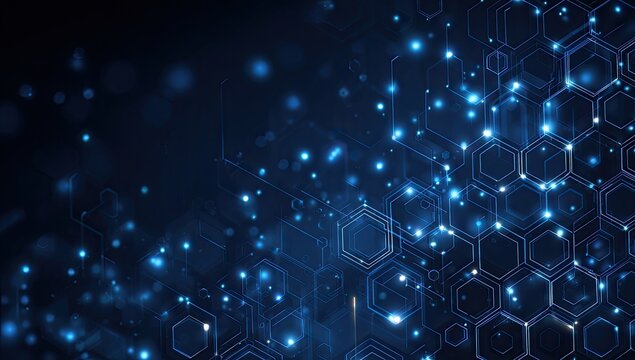 Abstract digital illustration of interconnected blue hexagonal structures emitting radiant light - Powered by Adobe