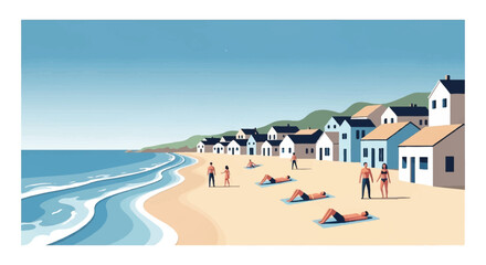 Fototapeta premium A scenic illustration of a beach town with people relaxing on the sand and gentle waves lapping the shore under a clear blue sky