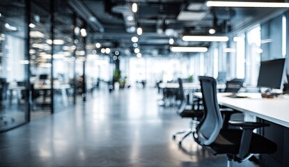 Fototapeta premium Blurred interior view of a modern open-plan office, featuring desks, chairs, and natural light
