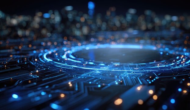 Futuristic digital circuit board design with a blurred cityscape backdrop, glowing in blue
