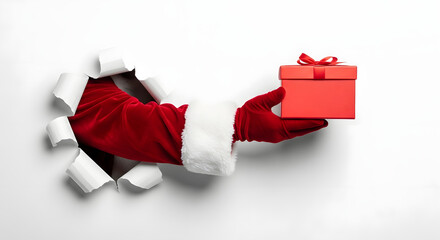 Santa Claus Hand Holding Gift Box Breaking Through Paper Background