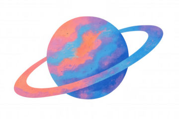 Pink and blue planet with rings creating a colorful universe and cosmic design on transparent background
