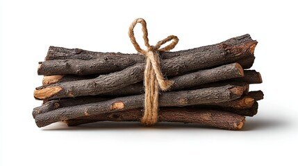 Rustic bundle of dried firewood logs tied with natural twine, perfect for cozy winter scenes and rustic decor inspiration