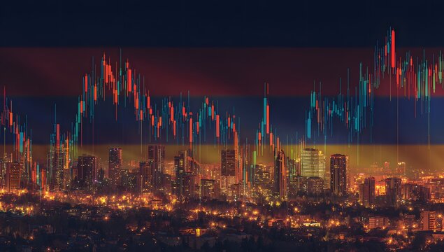 Illuminated cityscape underneath a vibrant stock market trading chart displaying upward and downward trends