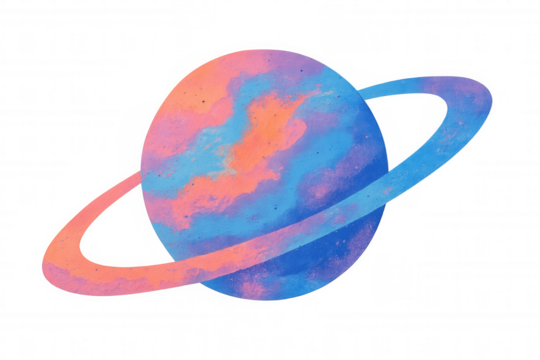 Pink and blue planet with rings creating a colorful universe and cosmic design on transparent background