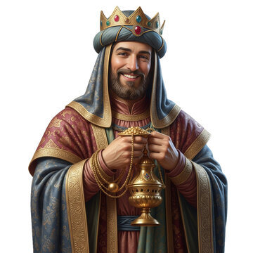Gaspar joyfully carries myrrh with a warm smile against a clean, white background