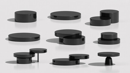 Collection of black cylindrical podiums and platforms of various sizes and shapes on a white background, isolated on white background