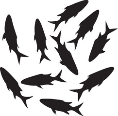 Black fish silhouettes swimming in a circular pattern