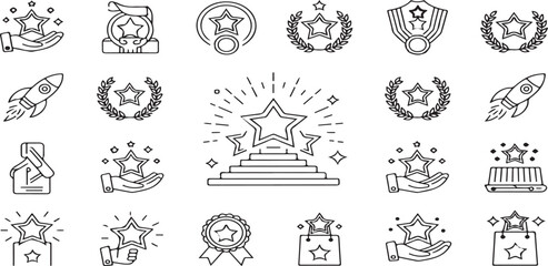 Obraz premium Award icons, success symbols, achievement graphics, excellence vector, outline icons, line art, thin line, trophy icon, star award, winner icon, first place, medal icon, ribbon icon, certificate icon,