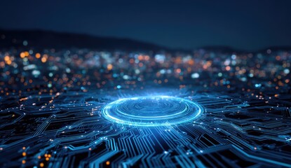 Digital circuit board lit with a glowing central core against a blurred cityscape at dusk