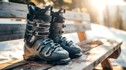 Pair of black ski boots with buckles resting on a wooden bench outdoors during daylight