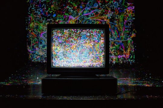 A retro television displays colorful static amidst projected abstract patterns in a dark space