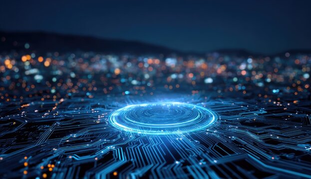 Digital circuit board lit with a glowing central core against a blurred cityscape at dusk
