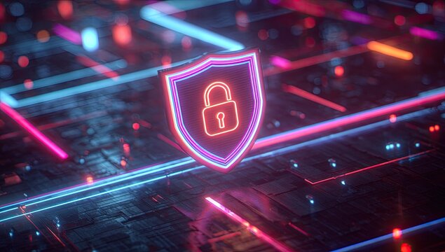 Neon-lit shield and padlock emblem against a tech-inspired background, representing digital security - Powered by Adobe