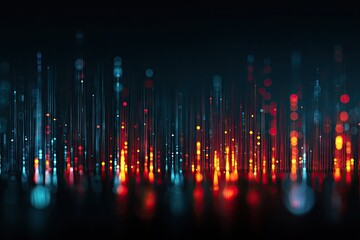 Abstract digital illustration of lines of data with blurred bokeh lights, representing technology