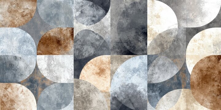 Abstract geometric artwork showcasing a repeating pattern of overlapping semi-circles in earthy and cool tones