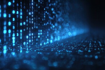 Digital rendering of binary code streams cascading downwards with a vibrant, glowing blue hue