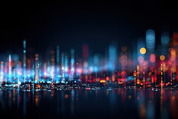 Abstract blurry neon city lights representing data flow over a dark reflective surface