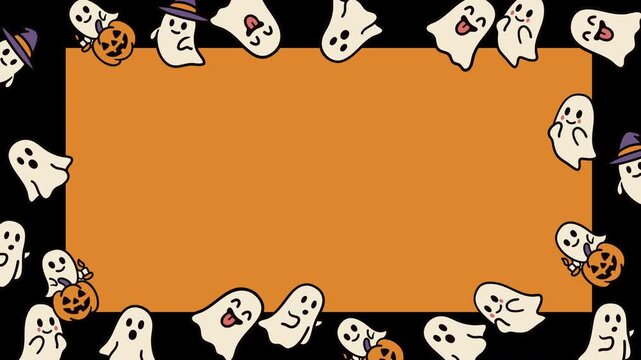 Animated Halloween background featuring adorable cartoon ghosts surrounding an orange frame with pumpkins, witch hats, and candles on a black backdrop. Perfect for spooky or festive holiday animations