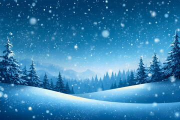 Peaceful Snowy Winter Landscape with Falling Snowflakes and Pine Trees