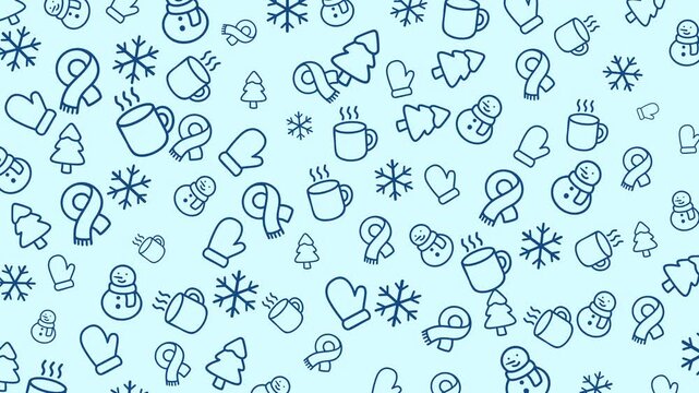 Animated seamless pattern with outlined winter icons including snowmen, scarves, mittens, coffee mugs, trees, and snowflakes on a light blue background. Perfect for holiday or seasonal animation